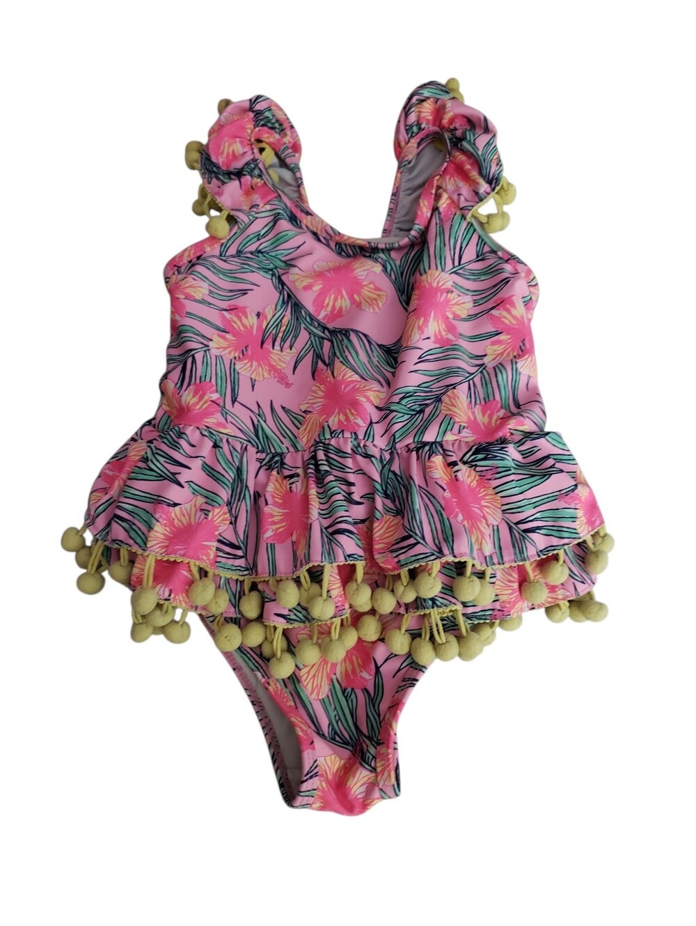 Nicole Miller Pink Tropical Floral Pom-Pom Ruffle One-Piece